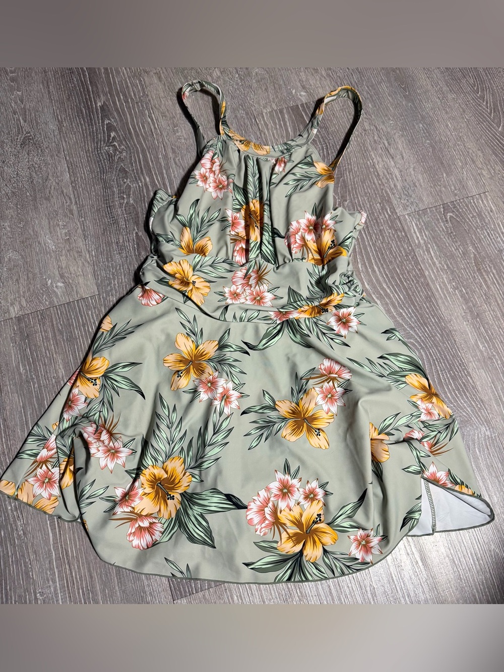 Green Floral One-Piece Swim Dress with Yellow Bloom Print